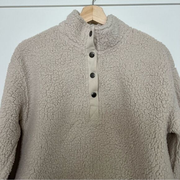 C&C California Sweater Top Womens Medium Ivory Faux Fur Fleece 1/4 Snap Relaxed - Picture 2 of 13
